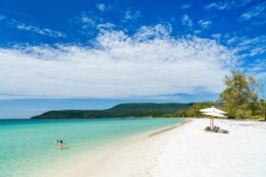 White sand blue ocean beach in Cambodia