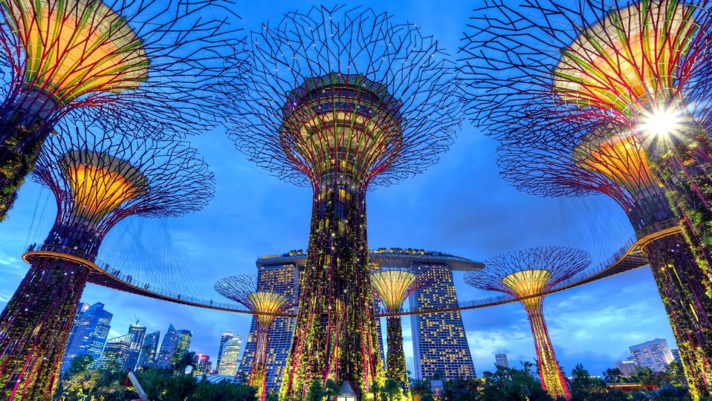Giant tree sculptures at night in Singapore